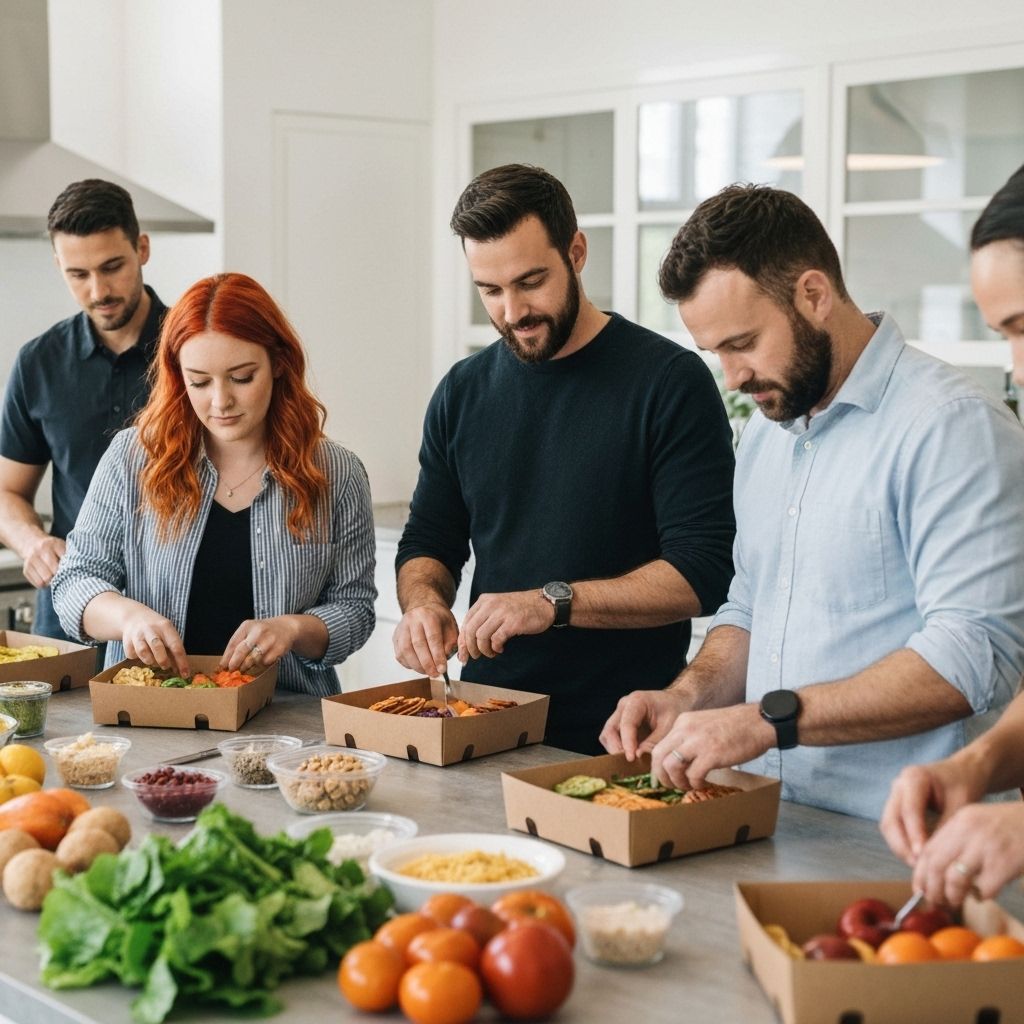 Founders preparing healthy snack boxes in a bright, natural light kitchen